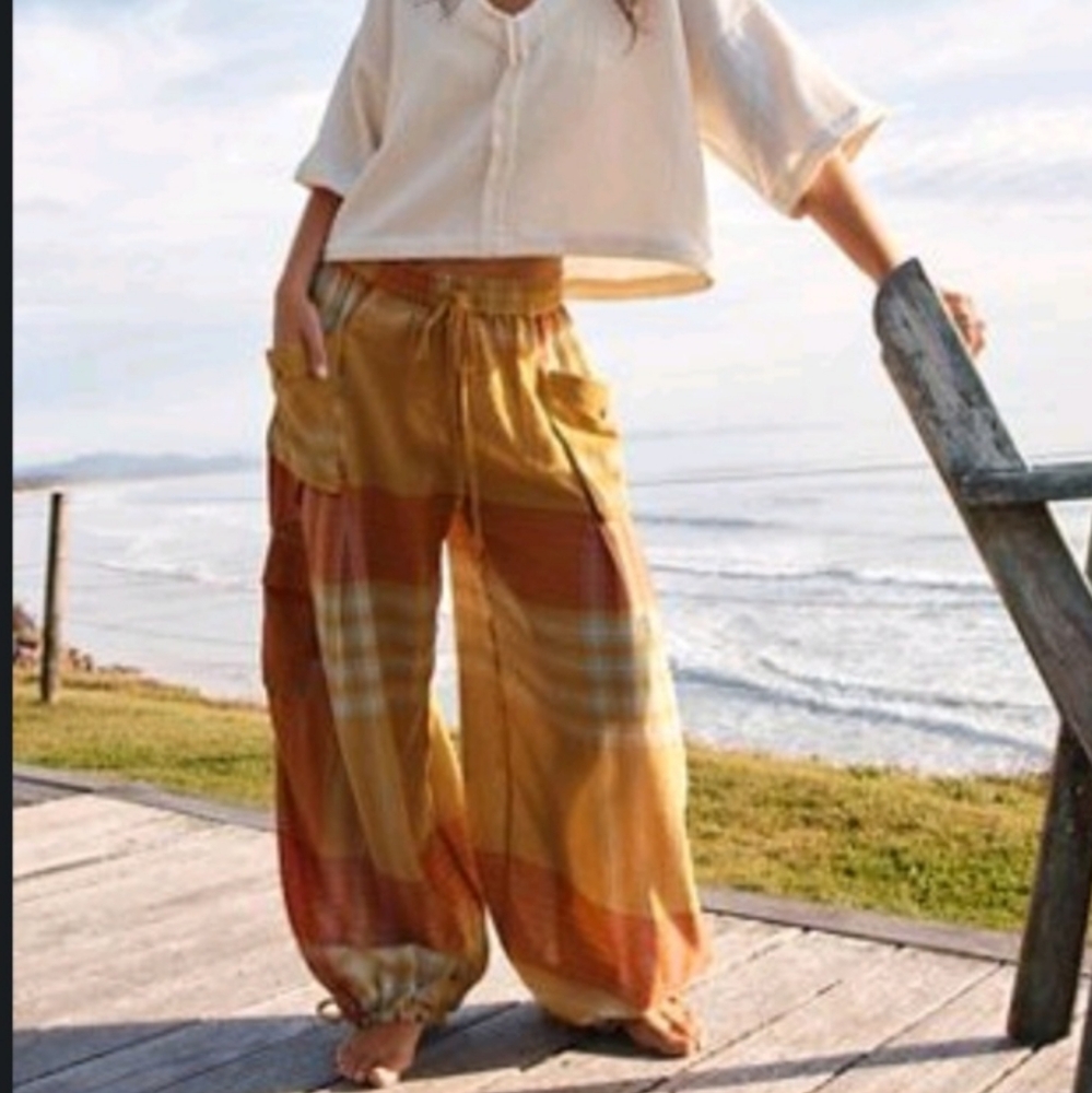 Free People Wide-Leg Striped Cargo Pants in Mustard & Rust Tones